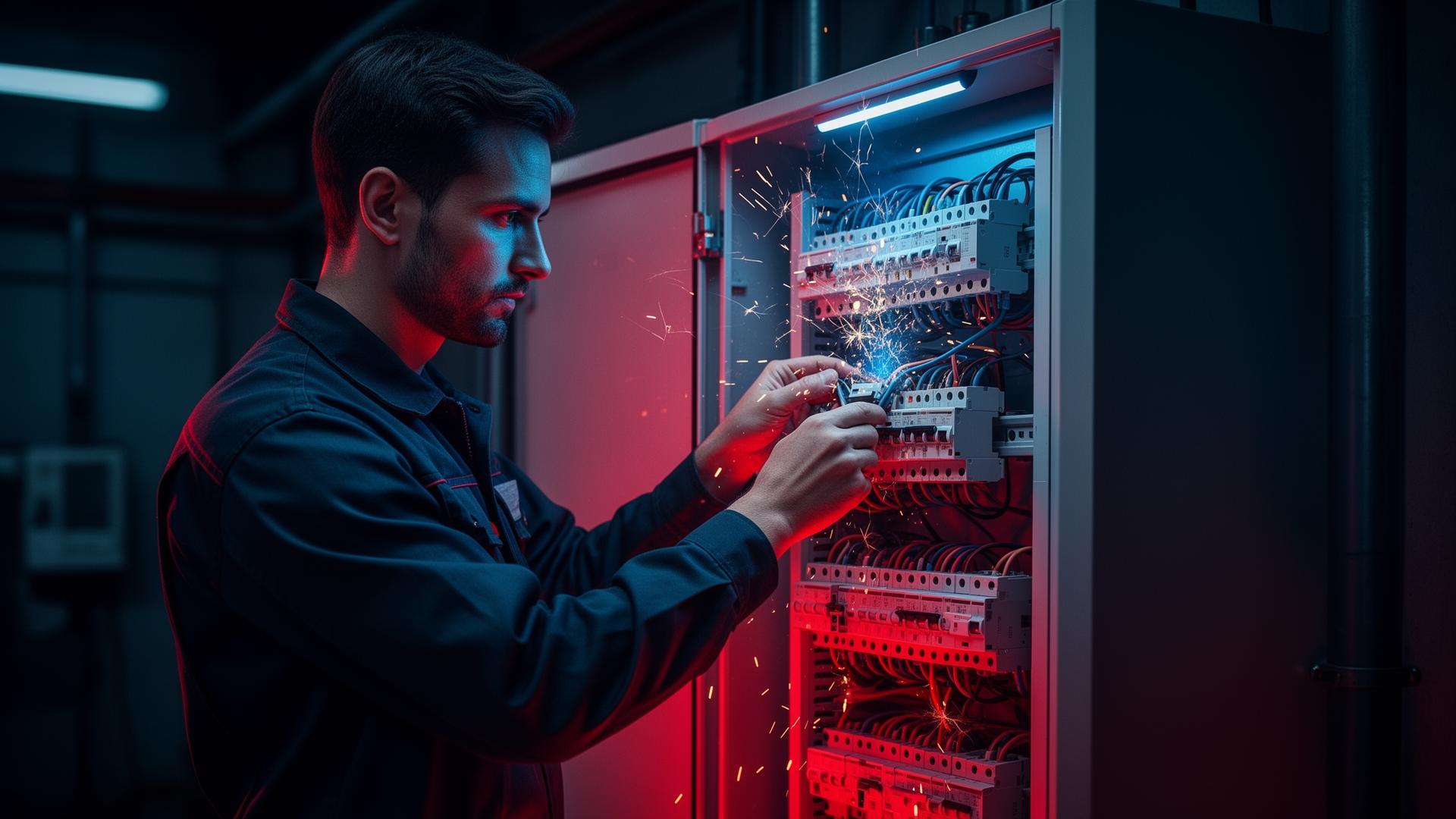 Eletricista profissional trabalhando em painel elétrico